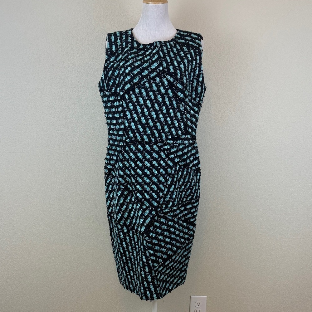 Oscar de la Renta Elegant Blue and Teal Tweed Patchwork Dress Size 18